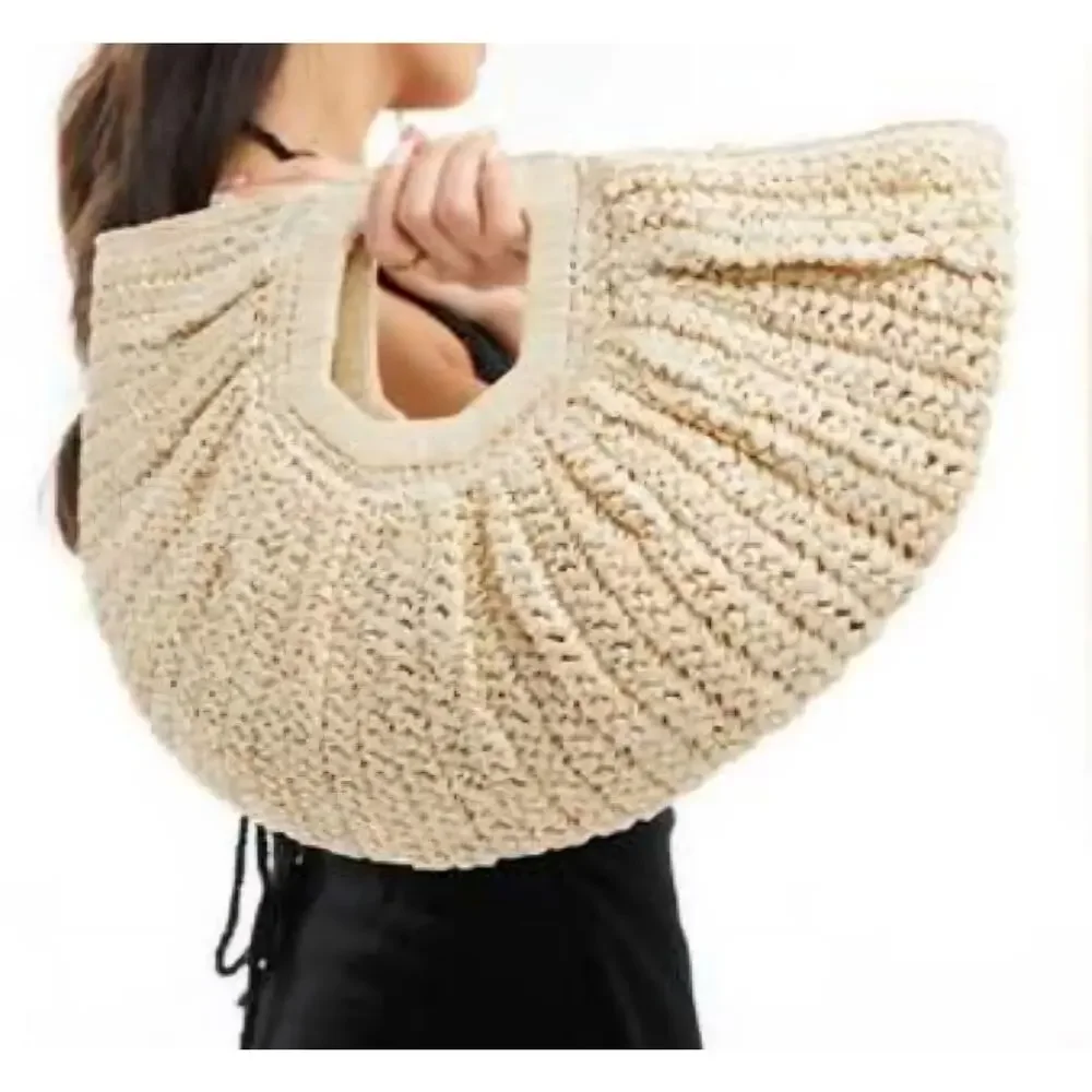 Ramla Woven Raffia Half Moon Crescent Tote Natural Straw Boho‎ Coastal Beach Bag